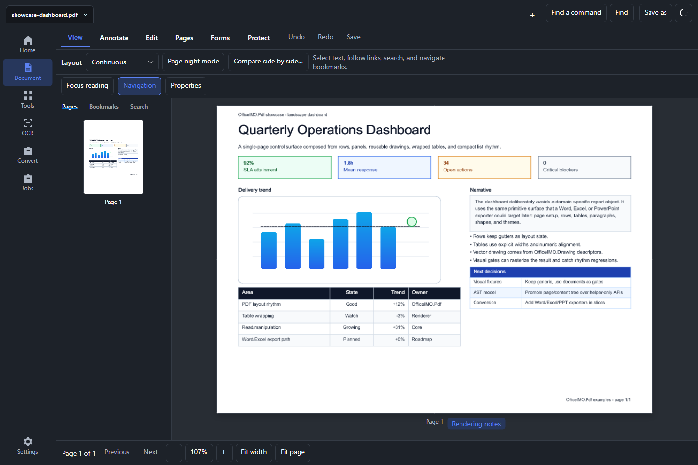 OfficeIMO Studio in dark appearance with a sample PDF dashboard open.