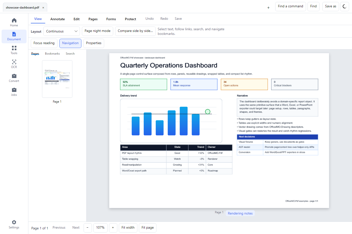 OfficeIMO Studio with a sample PDF dashboard open.